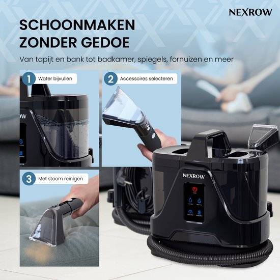 NEXROW® DELUXE 4-IN-1 Vlekkenreiniger - Tapijtreiniger en-Stoomreiniger - 7 Opzetstukken - 100° Stoom - 1700 W - Bank Reiniger - Zetelreiniger - Reinigingsmachine - Matrasreiniger - Handstomer - zwart