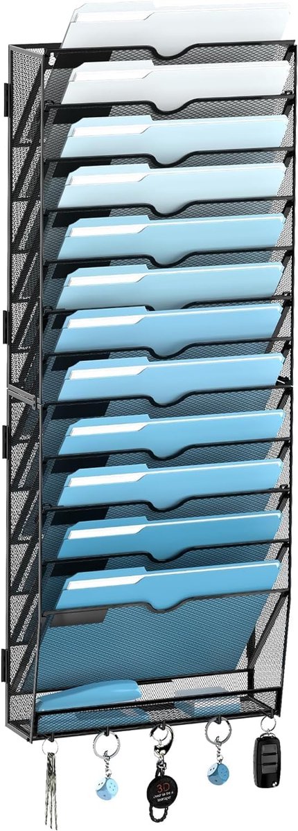 Ibenzoa Metalen wandorganizer met 13 vakken voor documenten en sleutels zwart