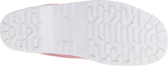 Witte buitenzool van een roze klomp met een grof profiel voor grip.