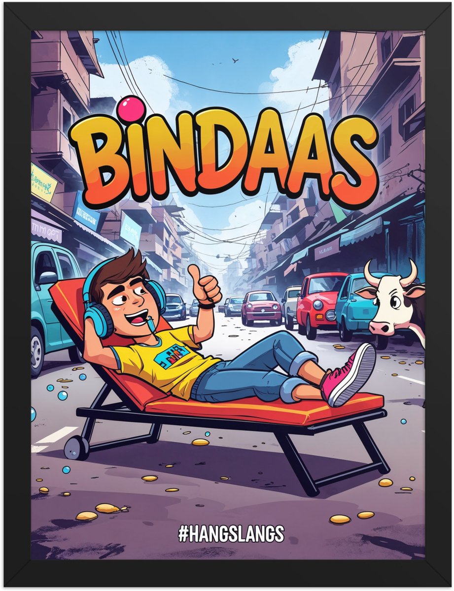 Funny Hindi Slang Poster “Bindaas” – Quirky Wall Art Print – Desi Home & Living Room Décor – 30×40 cm / A3 Black