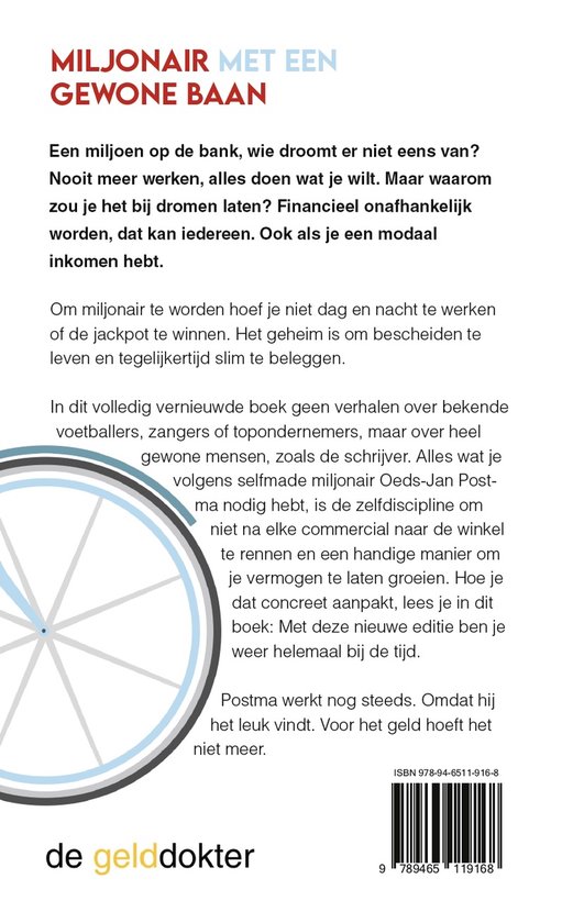 Boekomslag: 'Miljonair met een gewone baan'. Tekst over financieel onafhankelijk worden. Een cirkel met spaken is afgebeeld.