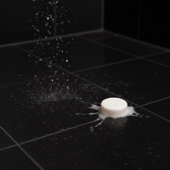 Witte douchetablet die oplost op een donkere douche vloer met opspattend water en schuim.
