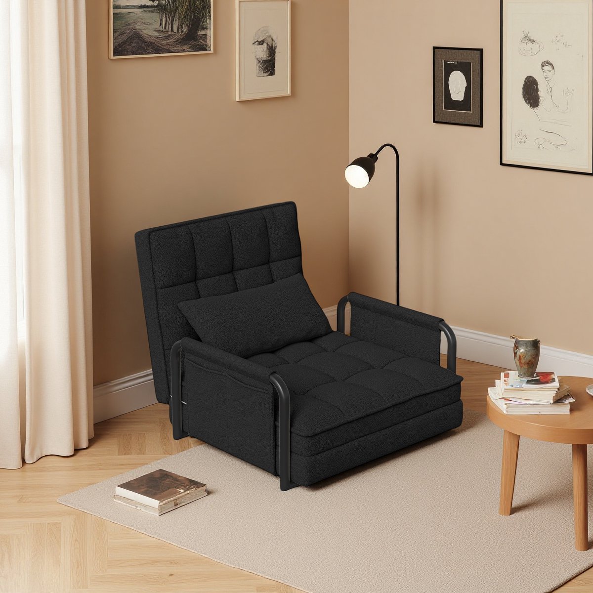 Vloerstoel, 2-in-1 opvouwbare bankstoel met slaapfunctie en 5 niveaus verstelbare rugleuning, gastenbank, loungebank, gewatteerde bank voor woonkamer, slaapkamer, lounge, balkon, zwart