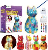 Craftiverse – Paint Your Own Lamp – Knutselset Nachtlampje Kinderen – Schilderen - Kat Editie – Knutselen Voor Kinderen - Verf je eigen Nachtlampje – Inclusief Verf, Penselen, Sponsjes, Schort & Sjablonen