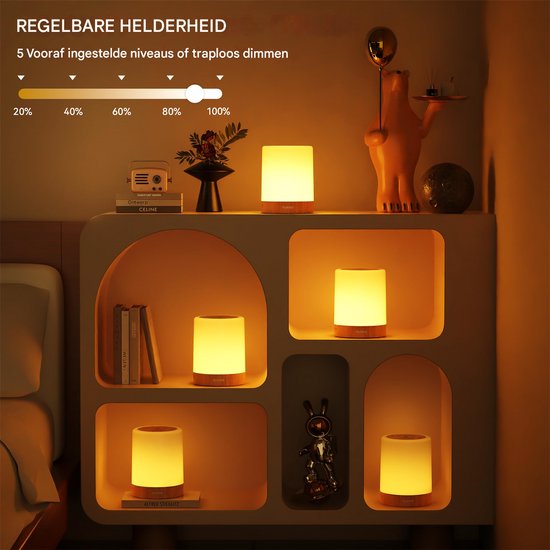QTTVBTNA -LED Nachtlamp met Touch Dimming - 7 Kleuren & 3 Kleurovergangen - USB Opladen & Draadloos Oplaadstation - Houtnerf Design - Sfeerlamp voor Slaapkamer, Woonkamer, Nachtkastje of Camping van QTTO — afbeelding 2