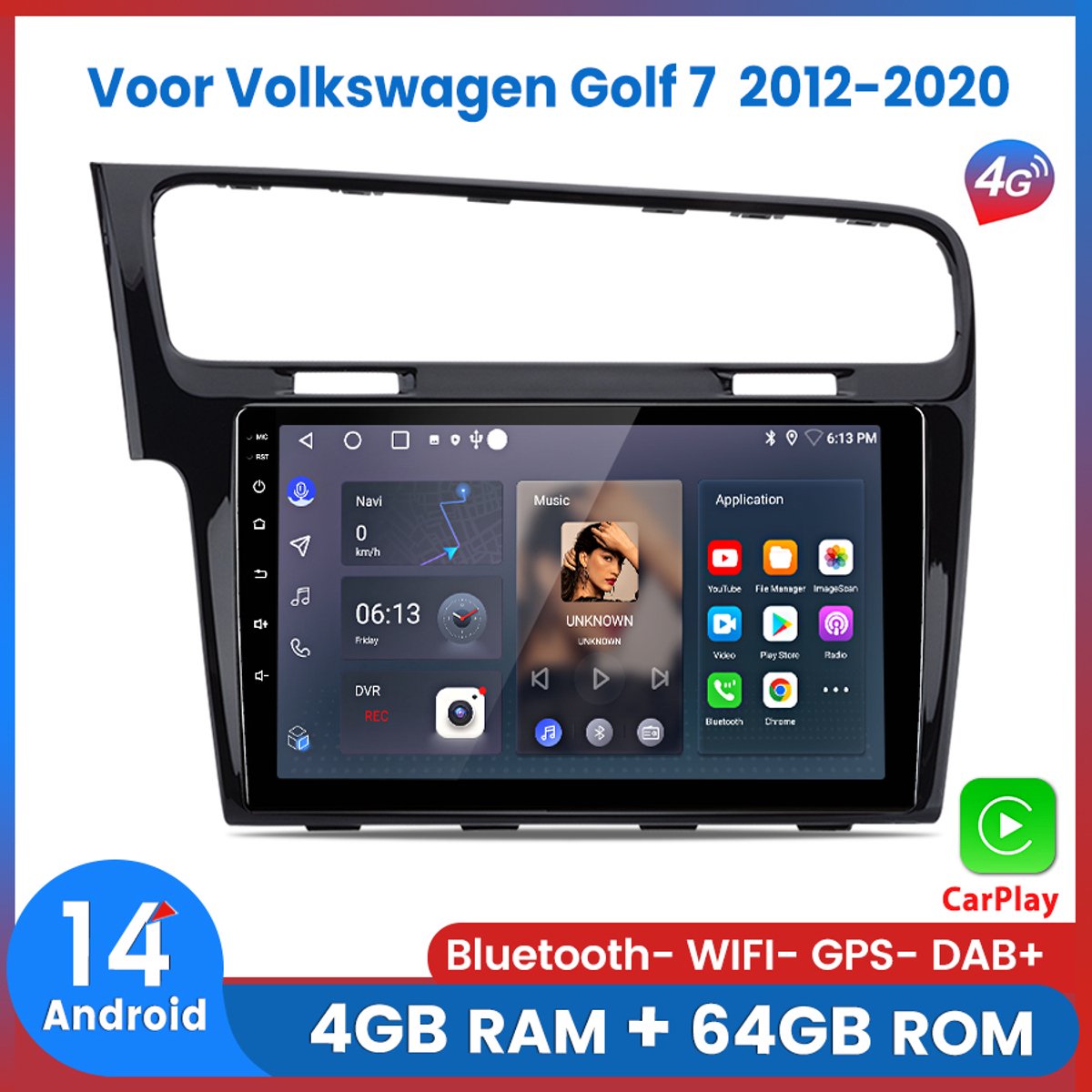 Awesafe 8-Core 4+64GB Autoradio Geschikt Voor Volkswagen Golf 7 2012 t/m 2020 - Draadloze Carplay Android Auto - Touchscreen - GPS Navigatie 4G WiFi Mirror Link FM RDS 32EQ DSP SWC - Bluetooth Radio - 2012 2013 2014 2015 2016 2017 2018 2019 2020