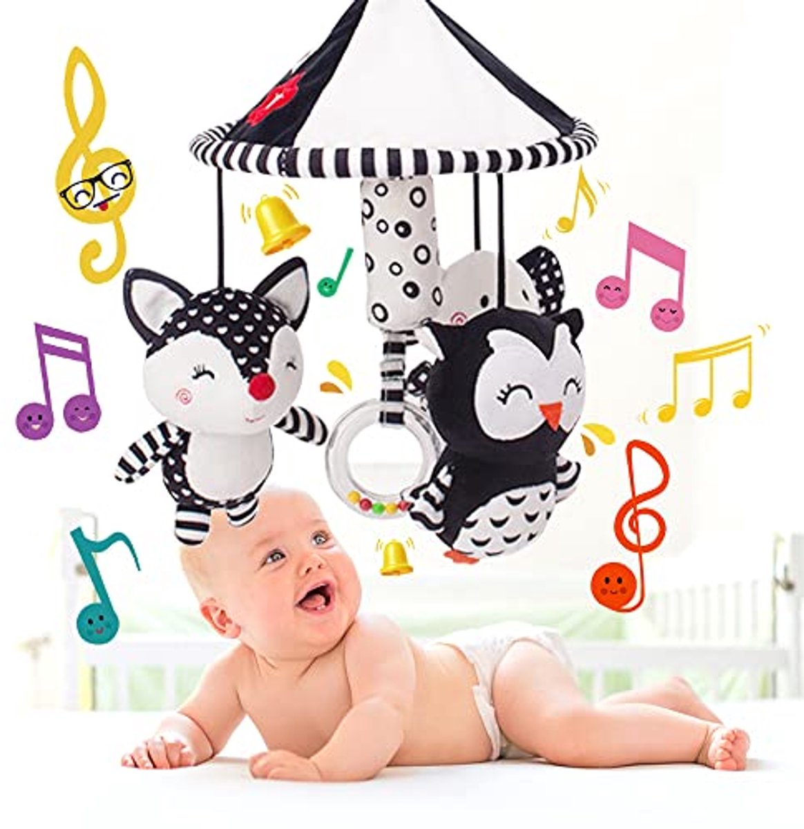 Mobiele Muziek Wieg voor Baby's 0-5 Maanden - 360° Draaibaar met Klok en Zachte Melodie - Olifant, Uil en Muis Design - Ideaal voor Kinderwagens en Zintuigontwikkeling