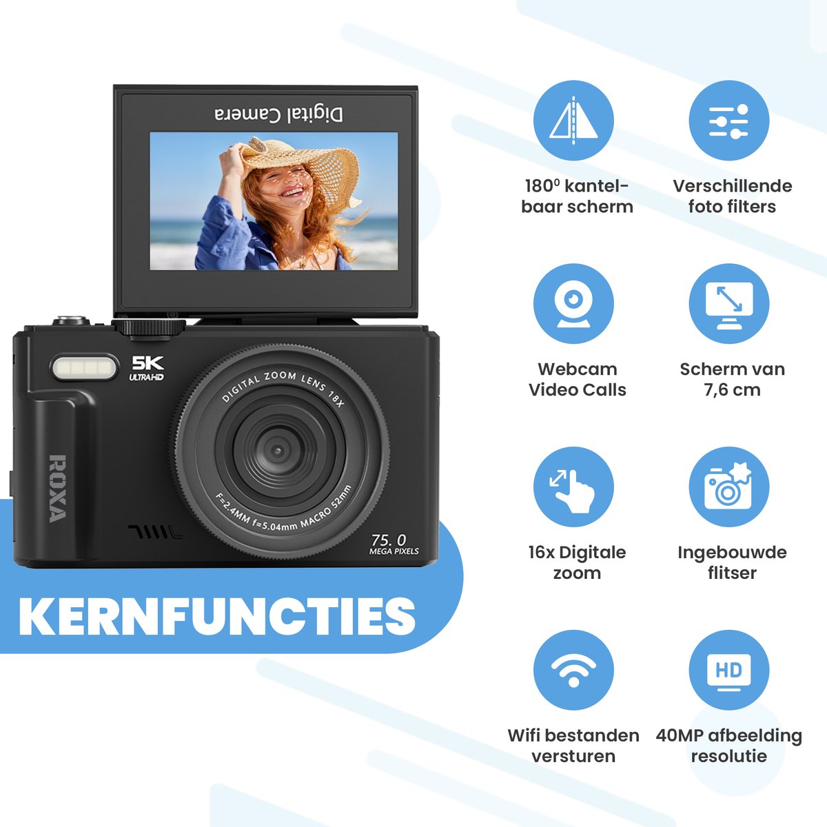 Roxa 48MP WiFi-camera met 180° klapscherm thumbnail 4