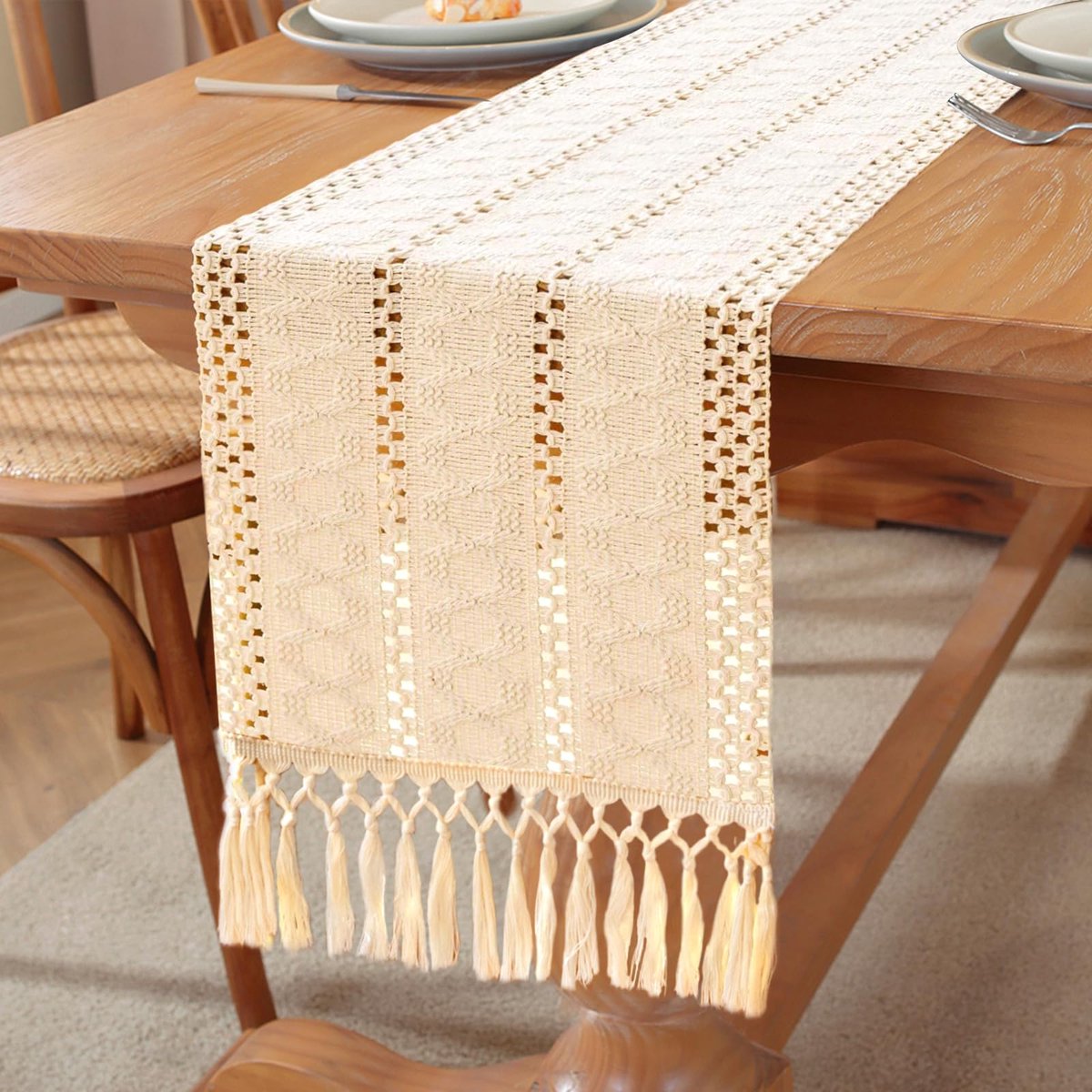 Azomor® Charmante Boho Tafelloper met Macramé en Kwastjes voor Elegante Tafeldecoratie