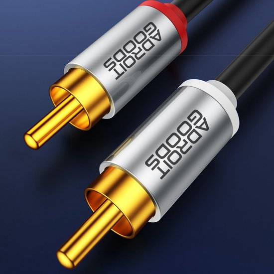 Twee RCA audiokabels met vergulde connectoren, één met rode en één met witte markering.