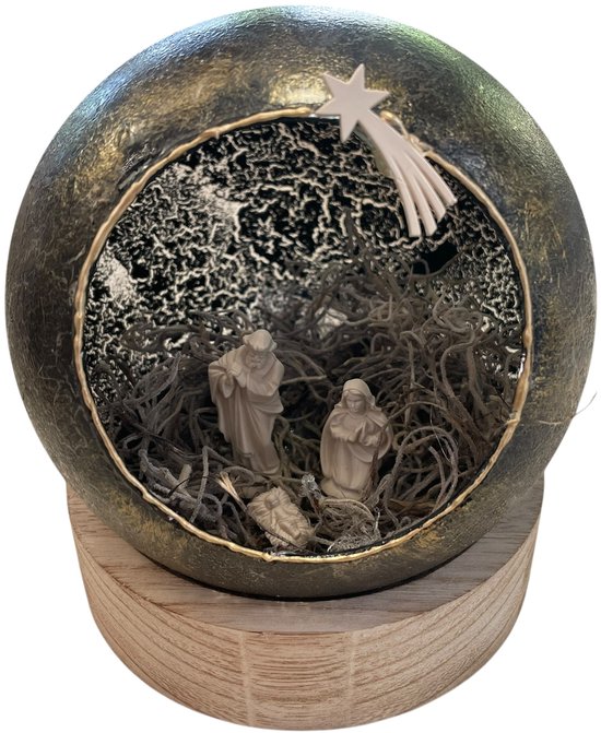 Kerststal in bol glas op houten standaard kleur Zwart/goud doorsnee 13 cm