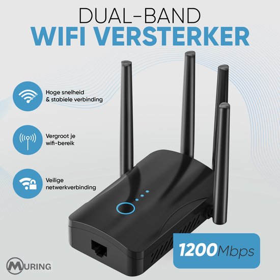 Amplificateur Wi-Fi Muring avec prise secteur - Dual bande 2,4 GHz et 5 GHz - 1 200 Mbit/s - Wi-Fi 5 - Répéteur Wi-Fi - Booster Wi-Fi - Extension Wi-Fi - Zwart
