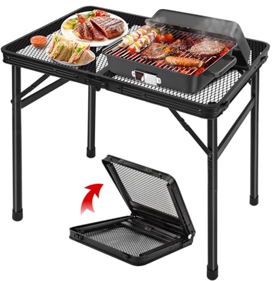 Outtec Campingtafel met 4 stoelen, hoogte draagbare inklapbare grilltafel 120 x 60 cm draaggreep, aluminium klaptafel, inklapbare krukken voor camping, picknick, barbecue, tuin (grijs