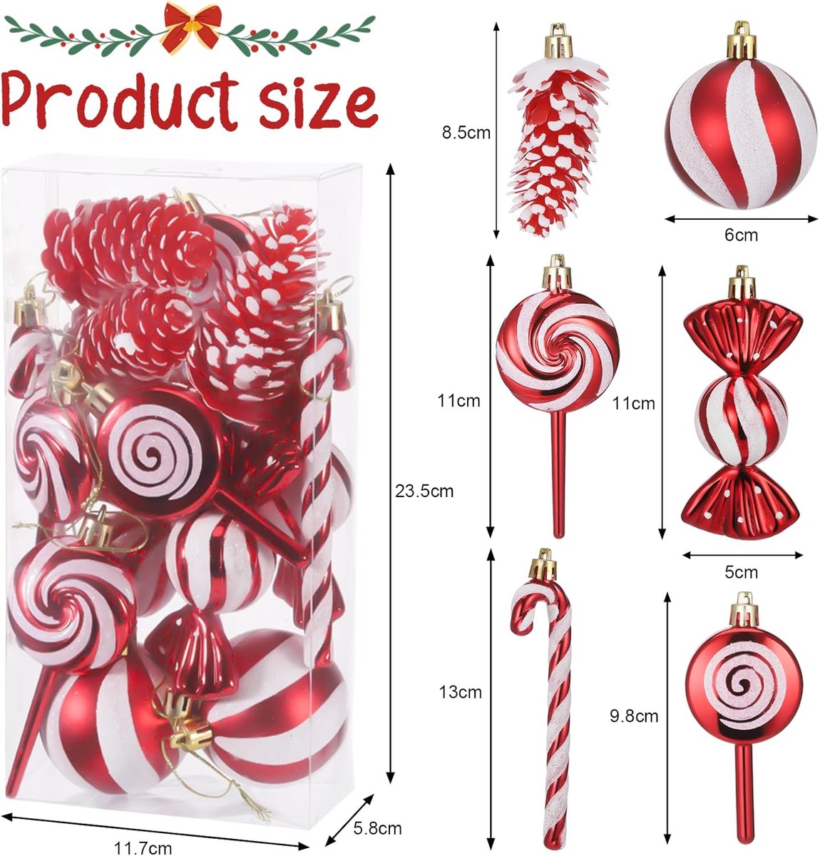 Kerstballen Set – kerstversiering - 15 Stuks Rood Wit Glitter Ornamenten – Inclusief Snoepjes Dennenappels En Lolly’s – Hangende Kerstballen Met Touw – Feestelijke En Decoratieve Kerstversiering Voor Kerstboom Huis Of Feest – foto 2