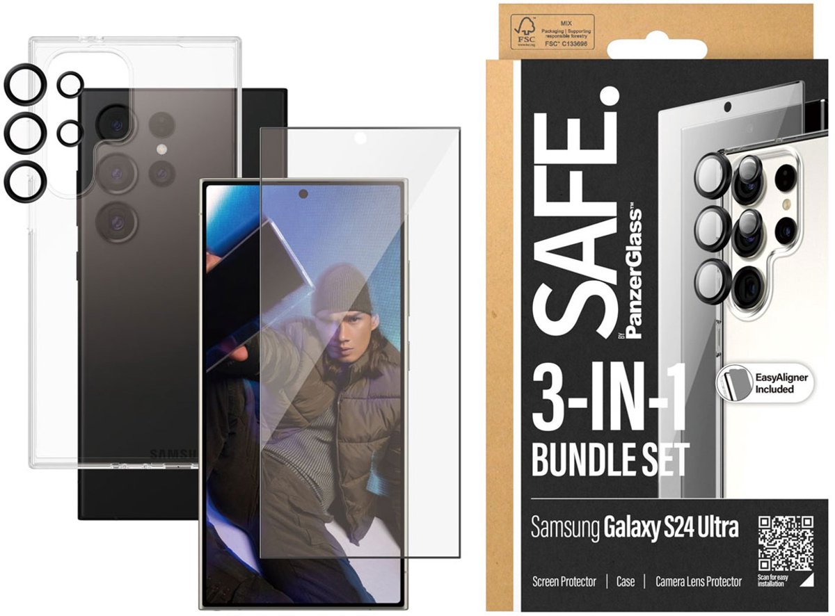 SAFE by PanzerGlass Safe 3-in-1 pack - Hoesje + screenprotector + camera protector geschikt voor Samsung Galaxy S24 Ultra - Transparant