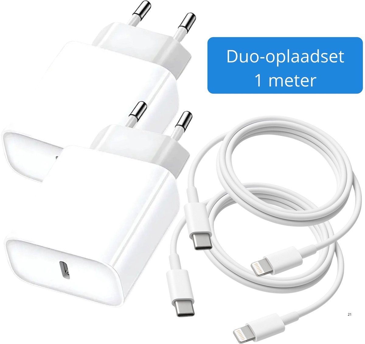 Gmedia Duo-oplaadset – 2x USB-C 20W Snelladers + 2x USB-C naar Lightning Kabels 1m – Wit – Geschikt voor iPhone & iPad