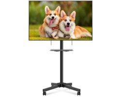 PromoHome Mobiele tv-standaard op wielen, draagbare tv-trolley met plank voor 21-60 inch platte gebogen paneeltv's tot 35 kg, in hoogte verstelbare hoge rollende tv-standaard op wielen, Max VESA 400 x