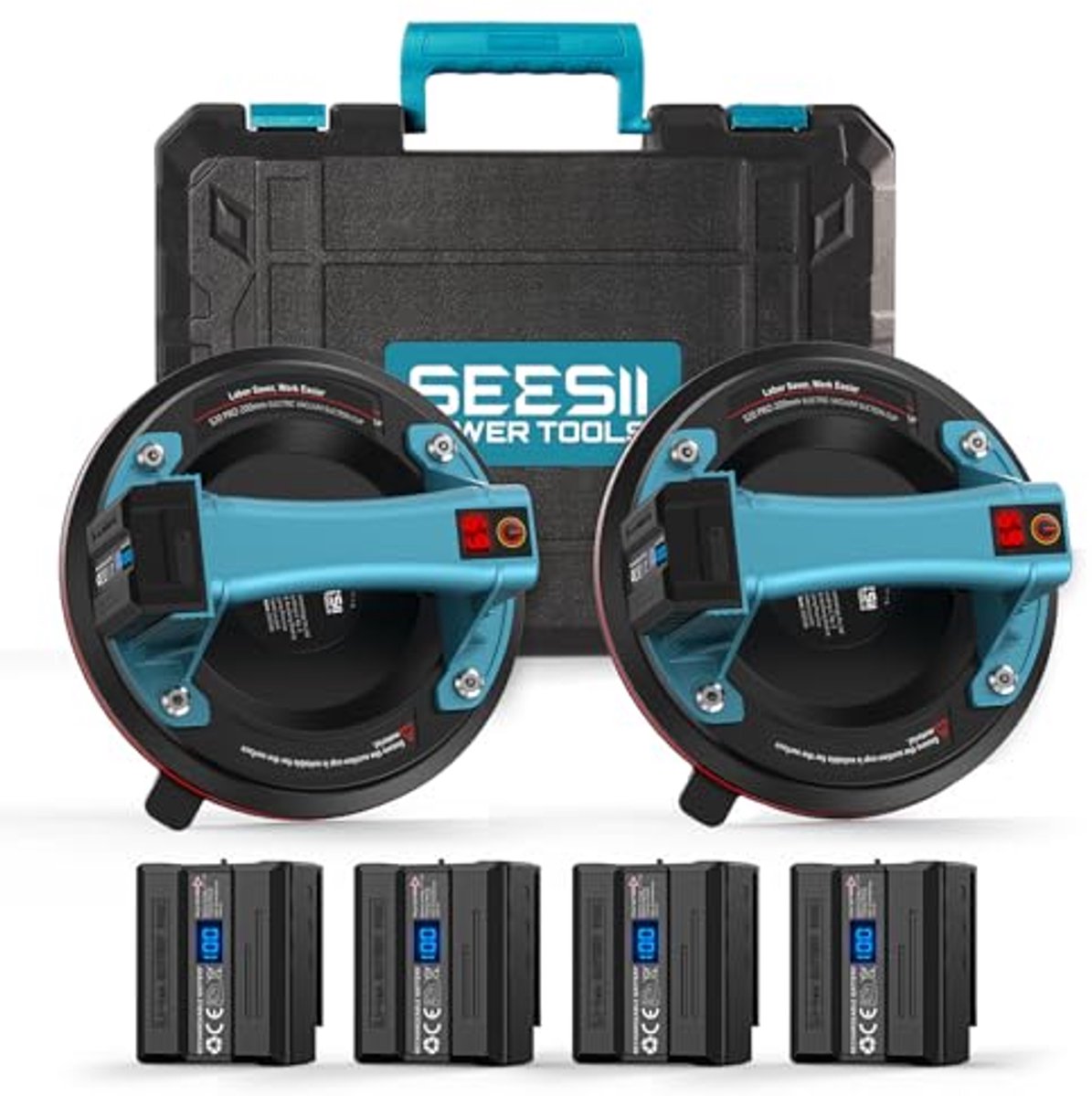 Elektrische Vacuüm Zuignappen voor Glas - Set van 2, 200 mm, LCD-Display, Max. Belastbaarheid 270 kg