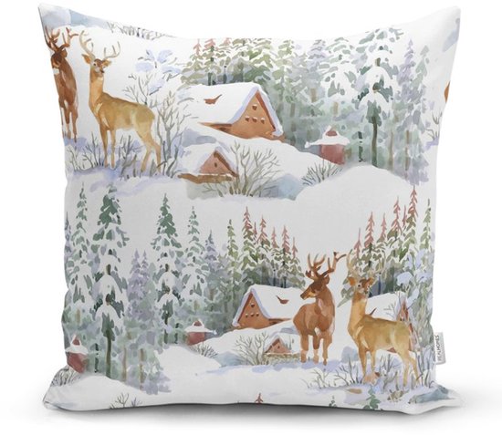 Velvet Kussenhoes - 50x50 cm - Rendieren & Berghuisje - Kerst - Fluweel Sierkussenhoes