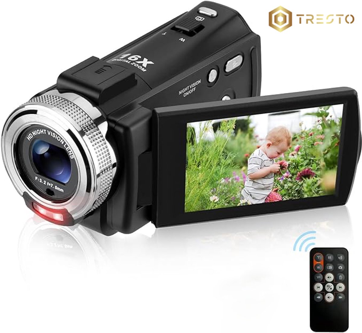 TRESTO - Handycam Camcorder - 12V Videocamera Full HD - CMOS Beeldsensor - Nachtzicht - 16x Digitale Zoom - Gezichtsfocus - Vlog camera - Met Afstandsbediening - Zwart