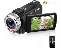 TRESTO - Handycam Camcorder - 12V Videocamera Full HD - CMOS Beeldsensor - Nachtzicht - 16x Digitale Zoom - Gezichtsfocus - Vlog camera - Met Afstandsbediening - Zwart