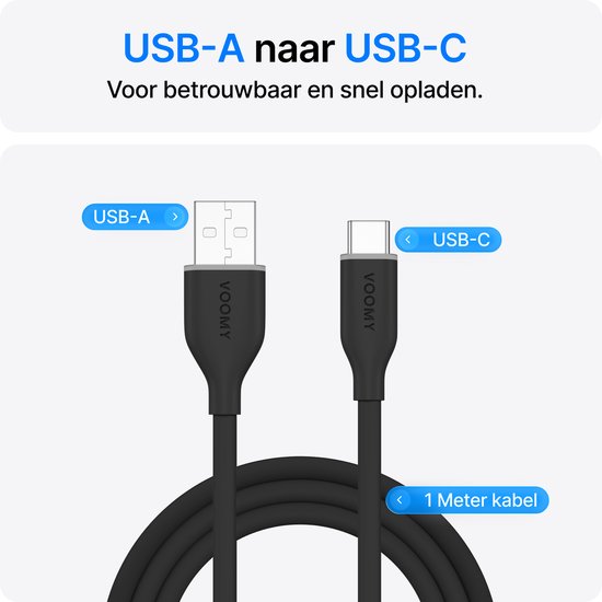 Zwarte 1 meter lange USB-A naar USB-C oplaadkabel met Voomy logo.
