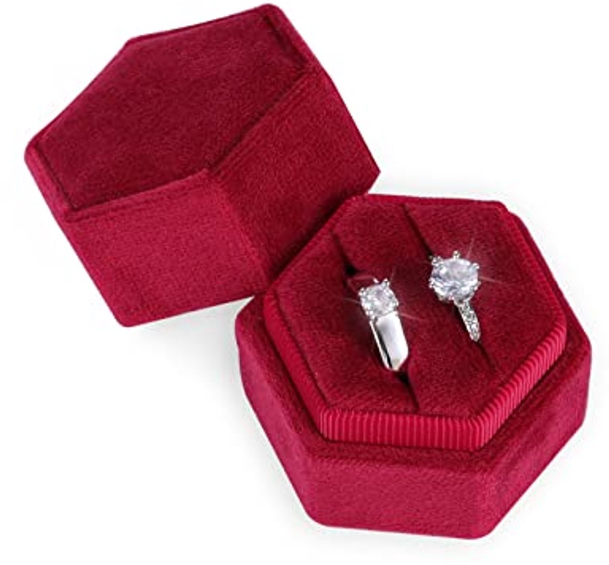 Fluwelen Ringdoos voor Sieraden - Zeshoekig, Dubbele Slots voor Verloving en Huwelijk