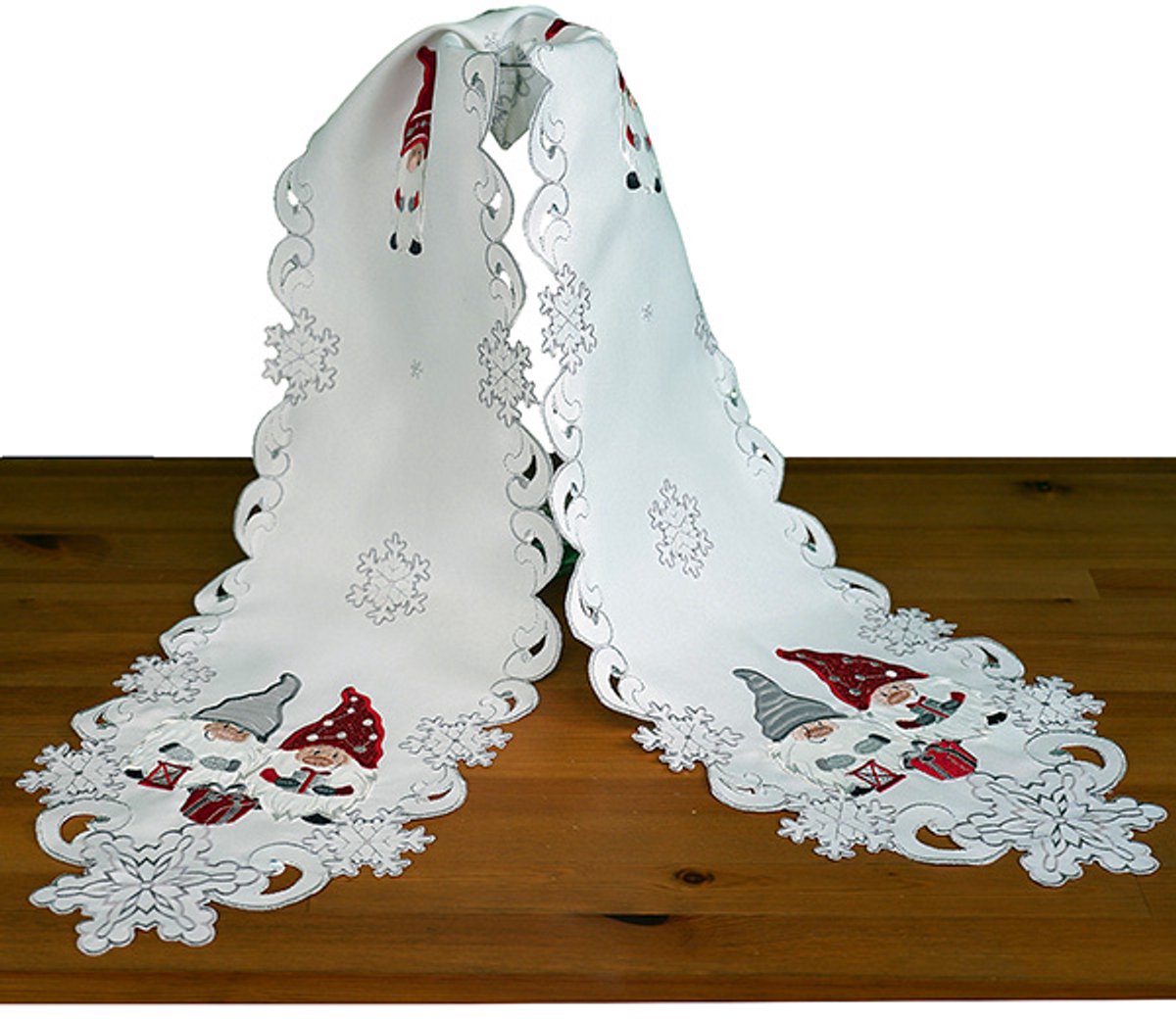 Tafelkleed - linnenlook - Kerst - Wit met kabouters - gnoom - wichtels - 25 x 160 cm