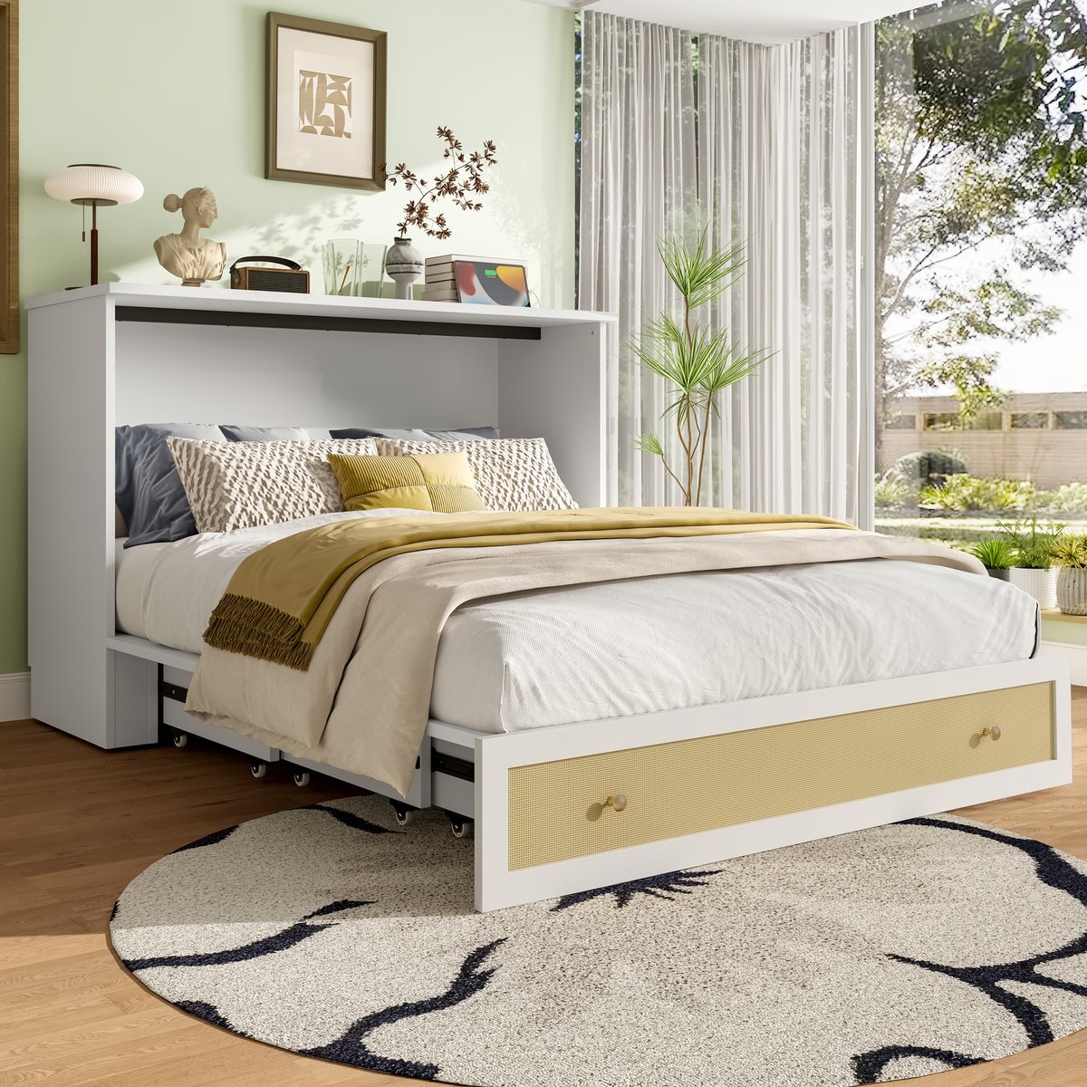 Merax Opklapbed - 140 x 200 cm - afneembaar - met lades - planken - met USB en stopcontacten - omvormbaar platformbed - zonder matras - wit