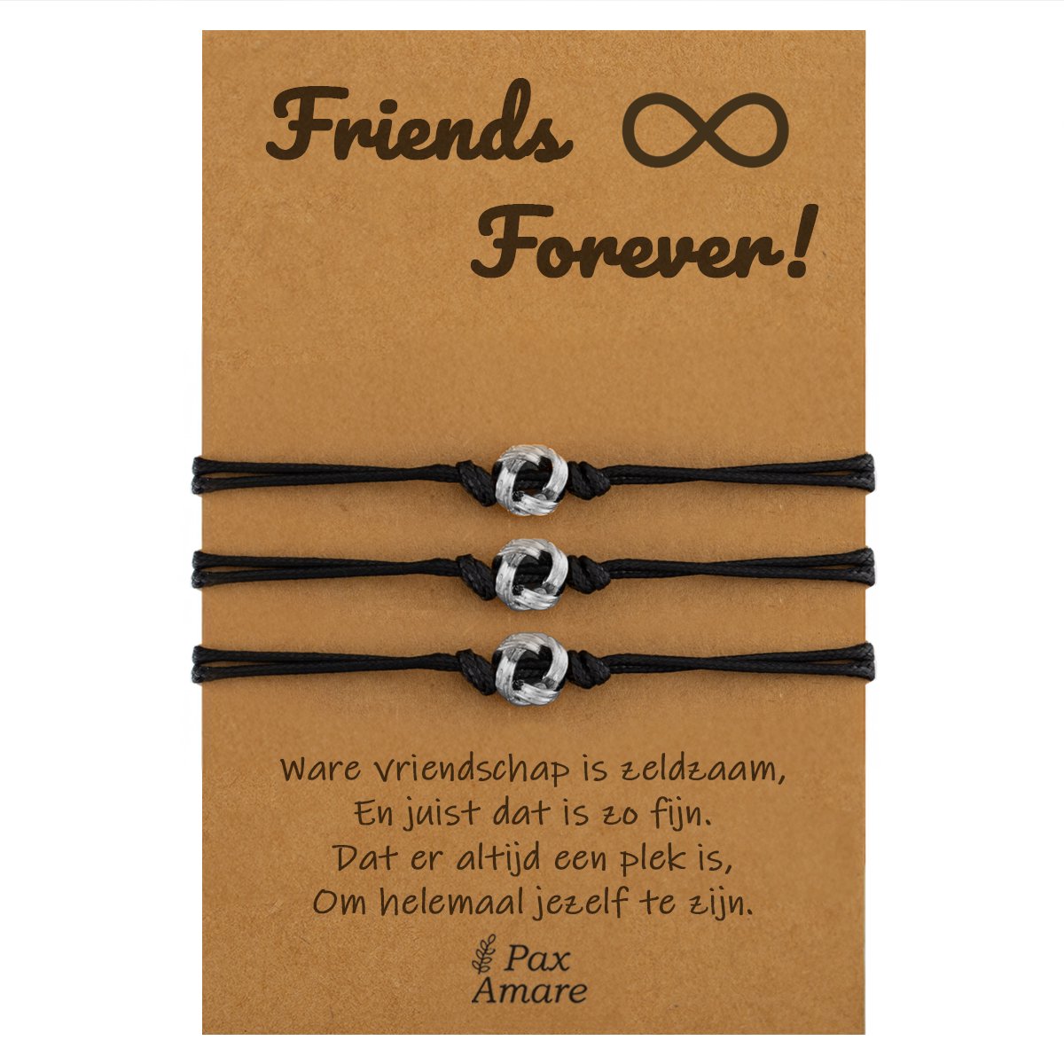Vriendschapsarmbandjes voor 3 " Friends Forever ∞" - Knoopjes - BFF Armbandjes met Persoonlijk Cadeau Kaartje - Zilverkleurig - Elastisch Verstelbaar - Pax Amare