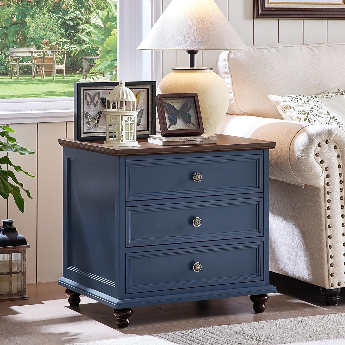 Image of 24 inch breed landhuisnachtkastje, grote bijzettafel met 3 laden en metalen handgreep, houten commode voor slaapkamer, blauwe nachtkast-ladecommode, nachtkastjes voor woonkamer - donkerblauw