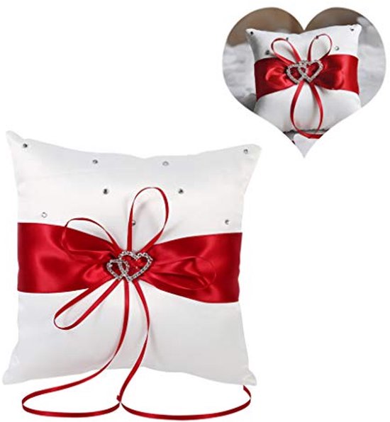 Elegant Wit Trouwringkussen Met Dubbele Harten En Rode Strik - 15x15 Cm Vierkant Ringkussen Voor Bruiloft