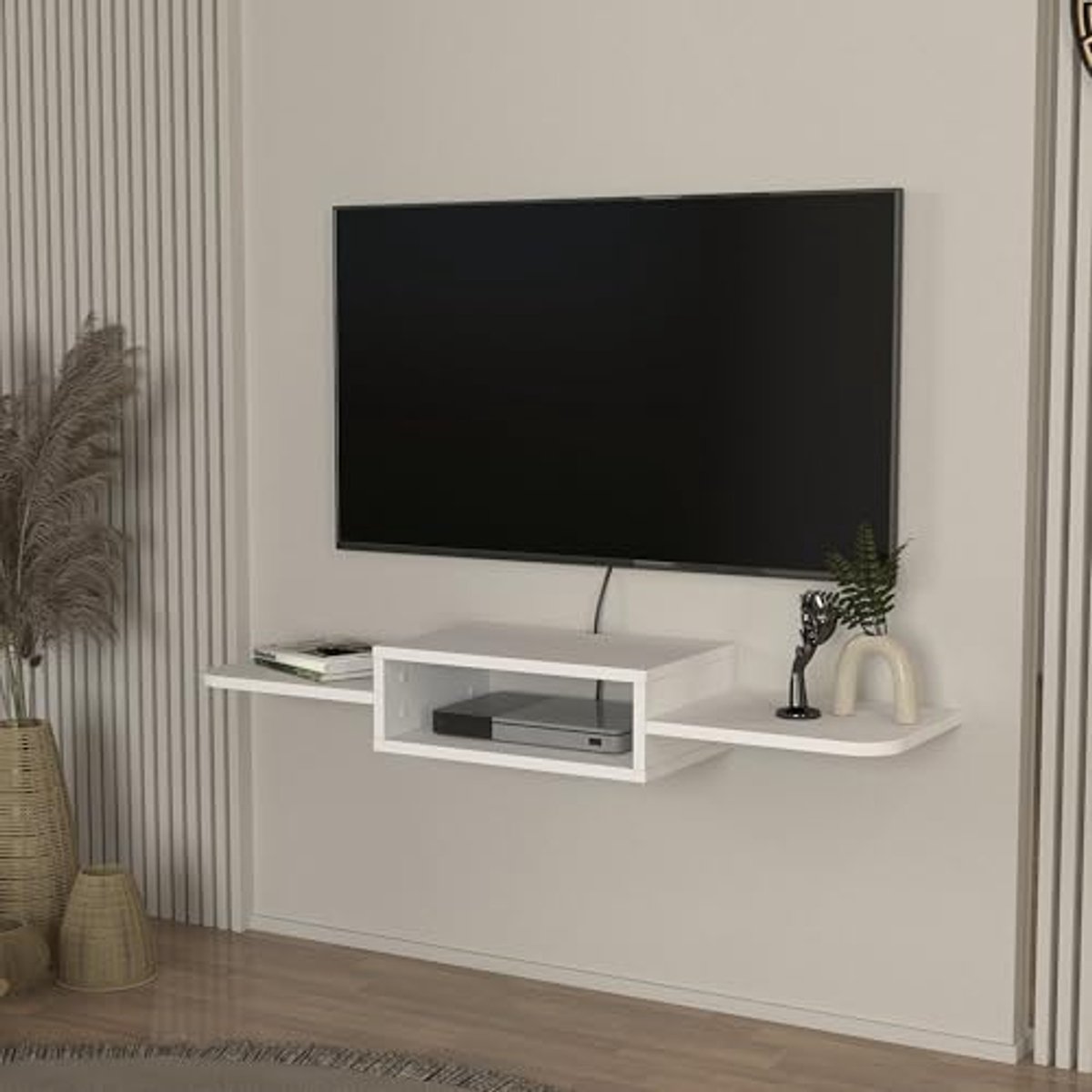 Zwevend TV-meubel Tar met Open Vakken en Kabeldoorvoer – 115x30x16 cm Wit
