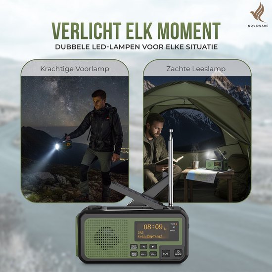 NovaWare® Radio d'urgence à remontage Solar - Banque d'alimentation à énergie solaire avec 5 200 mAh - DAB+/ FM - Pack d'urgence - Haut-parleur Bluetooth - Radio portable - Batterie - Vert
