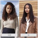 Meisje met lang, golvend bruin haar voor, en dezelfde persoon met lang, steil bruin haar na gebruik.