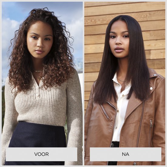 Meisje met lang, golvend bruin haar voor, en dezelfde persoon met lang, steil bruin haar na gebruik.