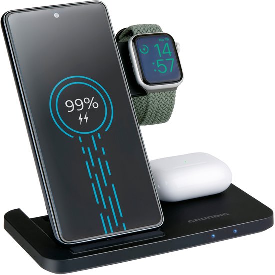 3-in-1 draadloos oplaadstation Grundig voor smartphone, smartwatch, oortjes, snelladen, inklapbaar