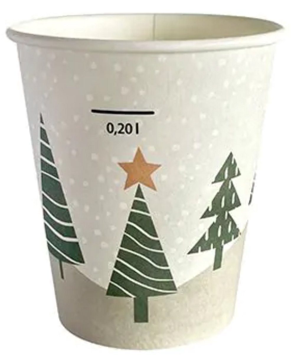 100 x Kerst Koffiebeker 240cc 8oz Ø80mm "Kerstboom" karton + witte deksels - wegwerp papieren bekers - drinkbekers glühweinbeker - milieuvriendelijk winter