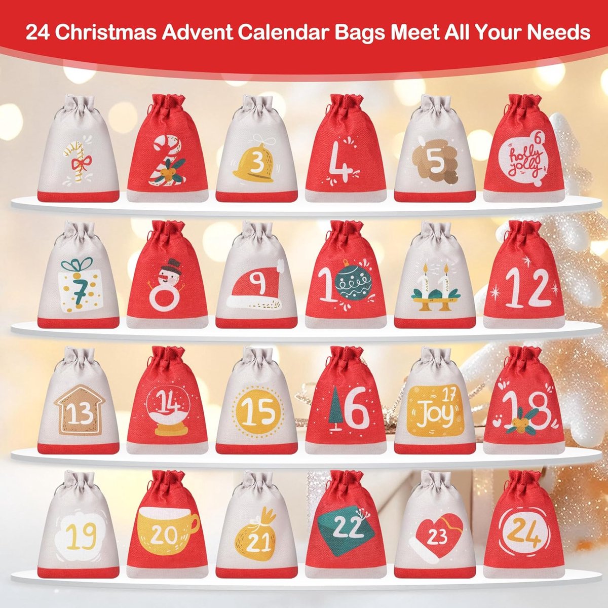Adventskalender - 24 stoffen vakken - 10 x 15 cm - DIY kerstkalender - Hangende vakken - 10 m ophangkoord - Geschikt voor kinderen, vrouwen en mannen - Kerstversiering - Kan snoep/chocolade/kleine cadeautjes bevatten – foto 2
