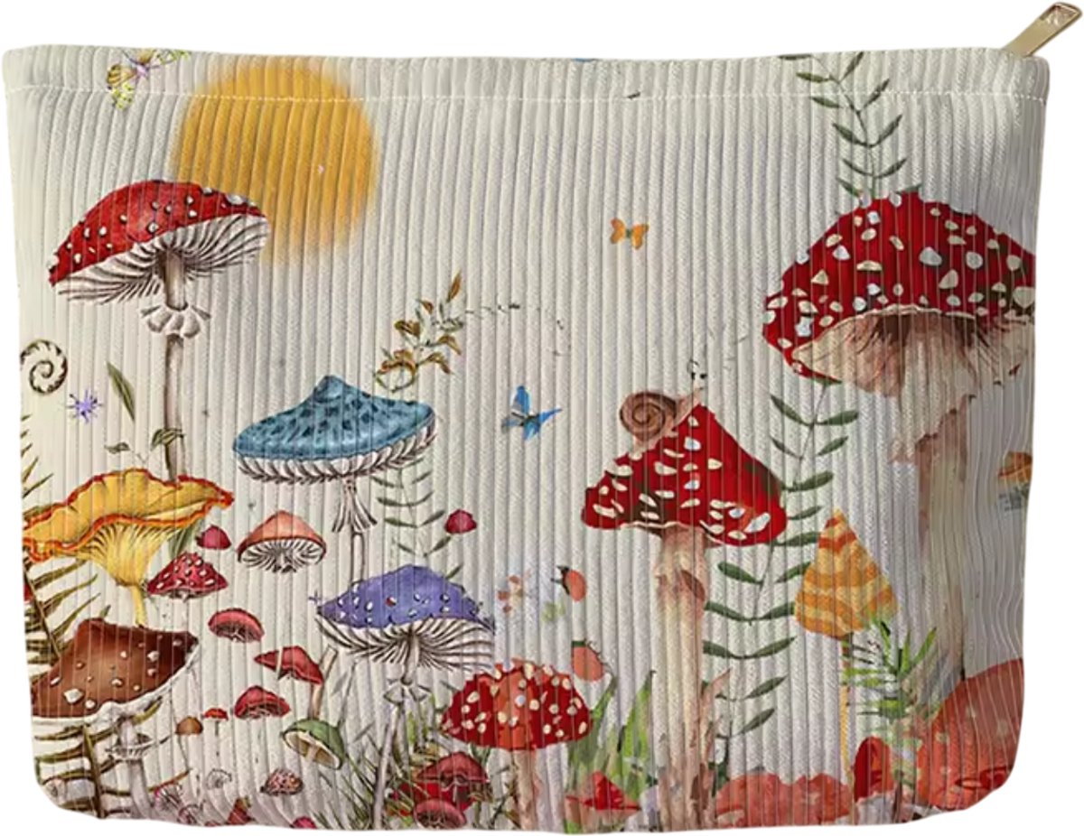 Make-up Tas - Wit - Paddenstoelen - Corduroy - Rits - Ritssluiting - 26x18x5cm - Cosmetica - Toilettas - Etui
