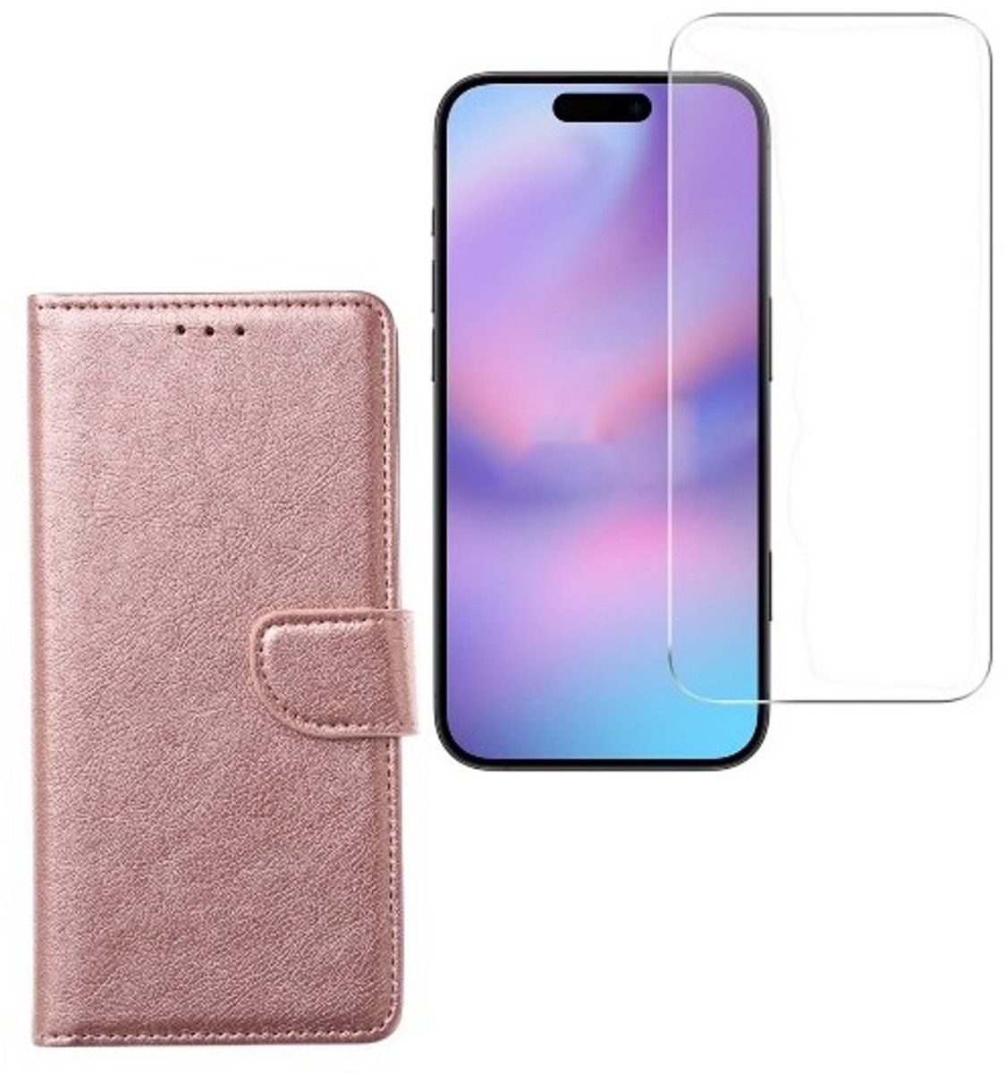 Bookcase Hoesje Geschikt voor: Apple iPhone 16E - Rosegoud - Portemonnee hoesje + 2X Tempered Glas Screenprotector