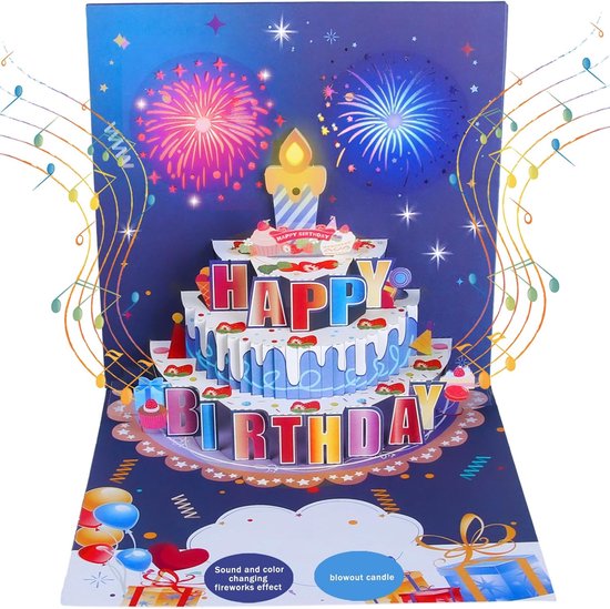 Carte d'anniversaire avec Musique - Carte Pop-up lumineuse 3D - Bougie gonflable et effets sonores - Pour femmes/hommes/ Enfants/petites amies