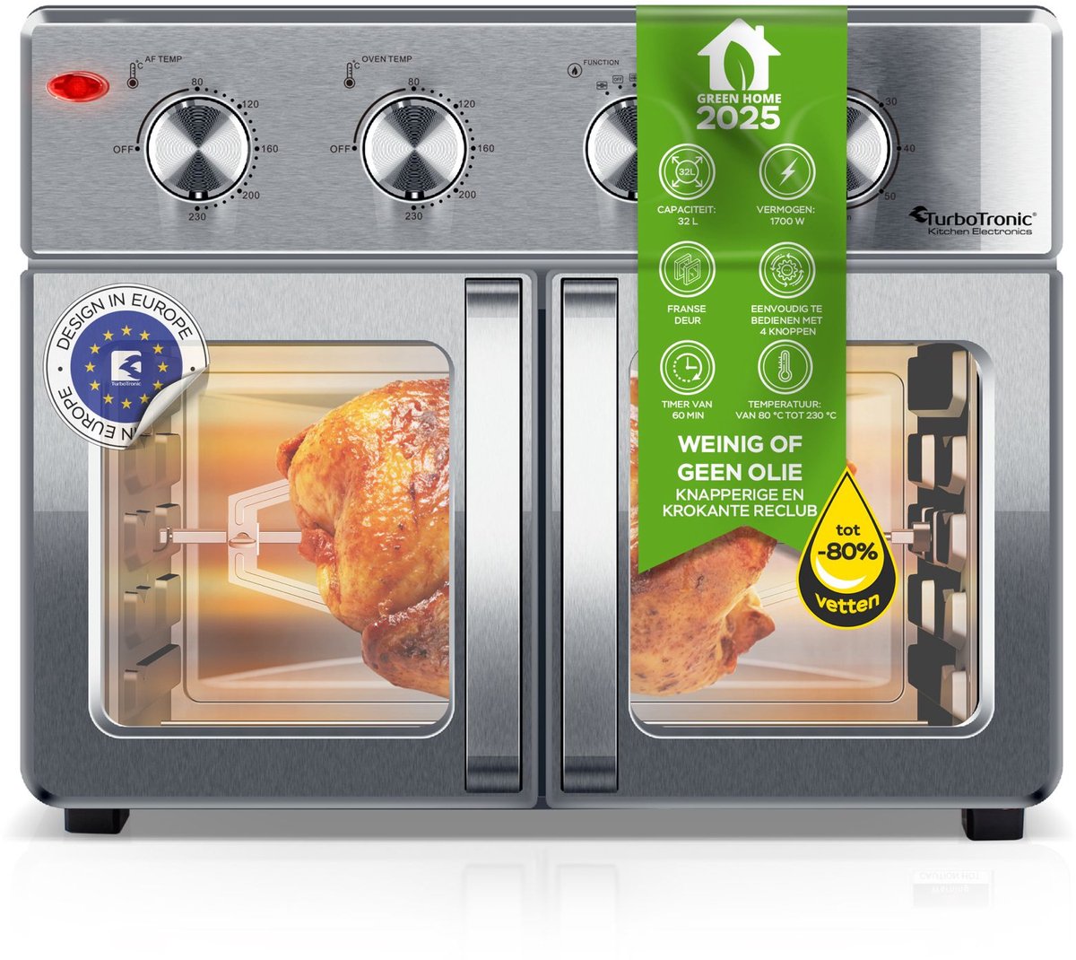 TurboTronic AF32MFD Airfryer Oven XXL – Dubbele Deur – 32L Vrijstaande Mini Oven – Heteluchtoven – Zilver