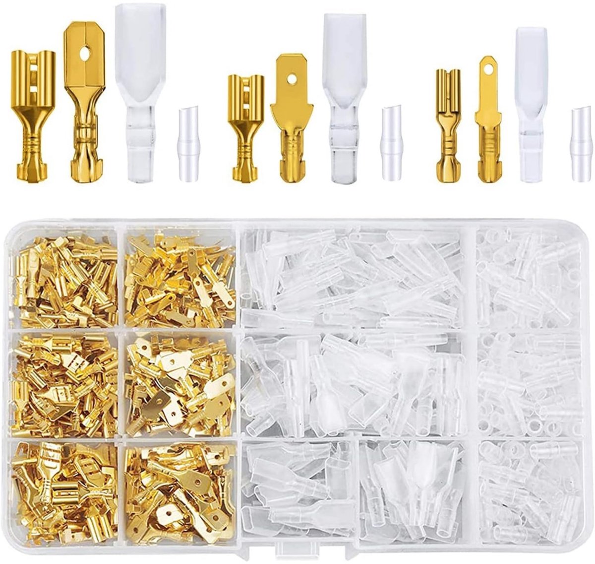 EXCITAT Elektrische klemmen - 480 stuks - 2,8 mm - 4,8 mm - 6,3 mm - Mannelijke platte stekker - Vrouwelijke connector - met beschermende behuizing - Goud