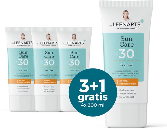 Vier tubes Dr. Leenarts Suncare SPF 30. De voorste tube toont '3+1 gratis 4x 200 ml'.