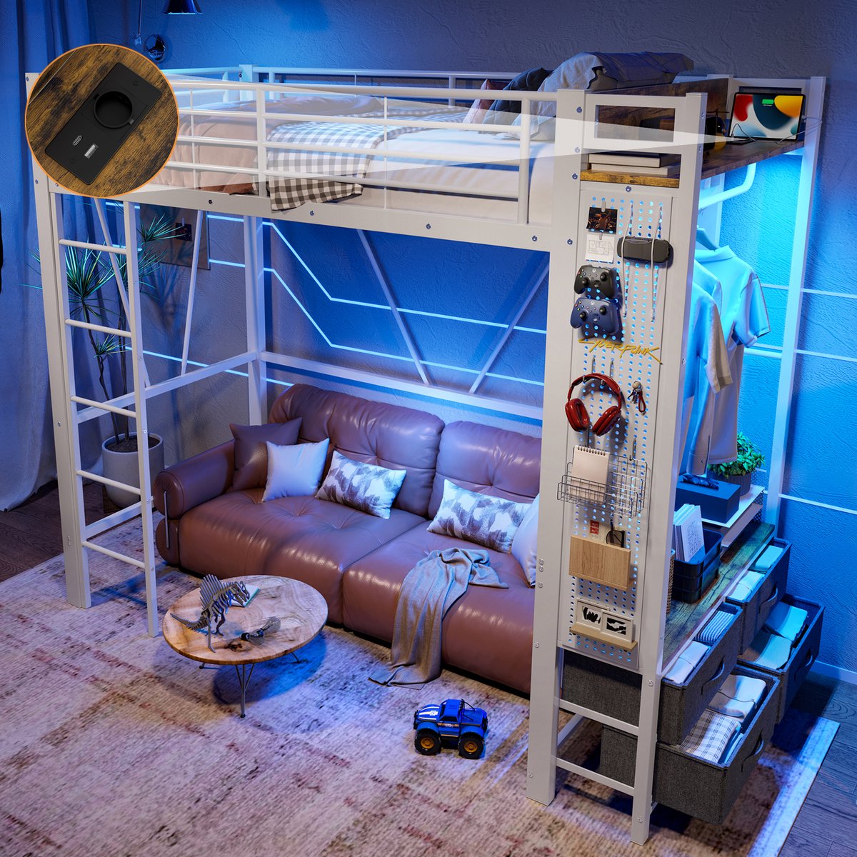 Merax Hoogslaper 90 x 200 cm - met droogstang - met planken - 4 lades - met USB-aansluiting - LED-lichtstrip - zonder matras - wit
