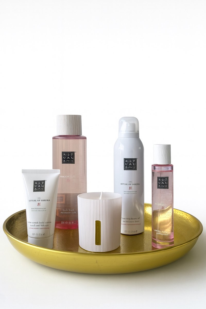 Rituals of Sakura - Geschenkset - Doucheschuim 200 ml - Bath Foam 500 ml - Body Cream 70 ml - Body Mist 50 ml - Geur Kaars 140 g - Rituals Product - Luxe Gouden Rond Decoratieve Dienblad