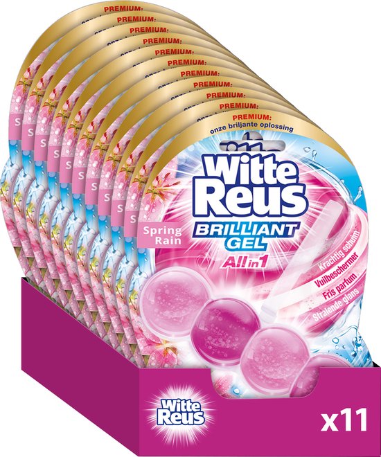 Voordeelverpakking met 11 Witte Reus Brilliant Gel toiletblokken, met roze en paarse parels, geurend naar lentebloesem.