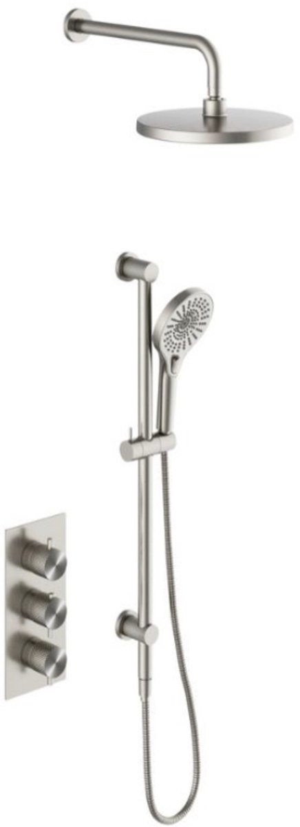 Owen & Finch Messing Doucheset – Geborsteld Nikkel | Brushed Nickel | RVS | Thermostaatkraan met Diamantkarteling, Handdouche & Regendouche Ø250mm