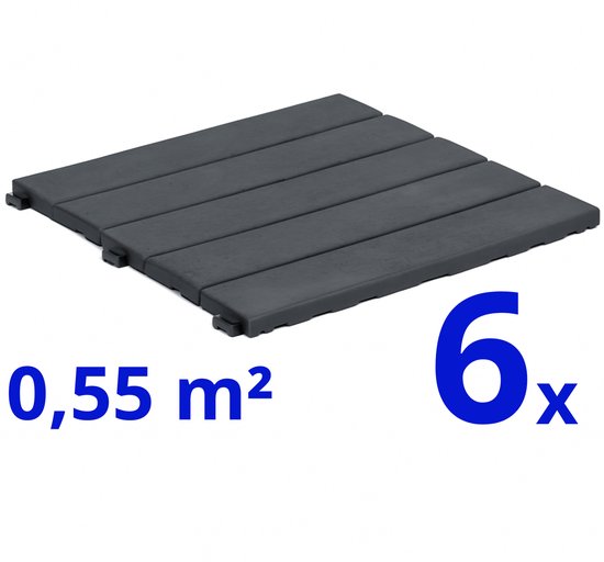 Zes donkergrijze composiet terrastegels, 0,55 m², met een houtlook.